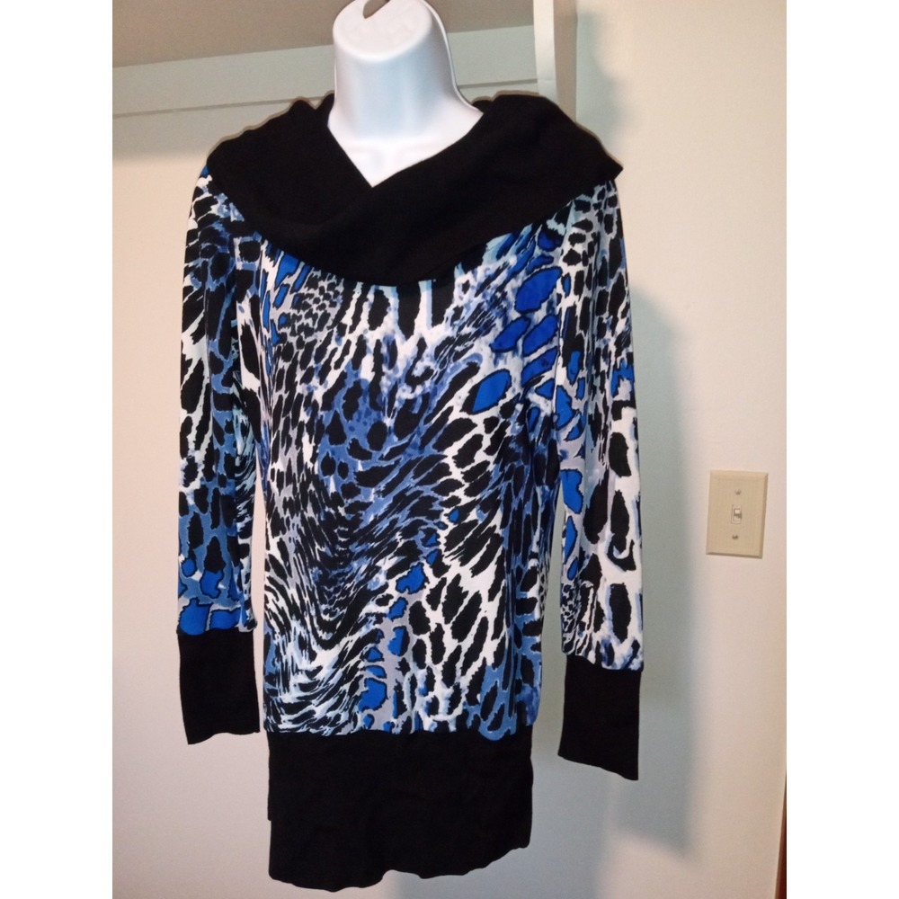 Cache Womens Blue Black Animal Print Cowl Neck Long Sleeve Tunic Top Size M